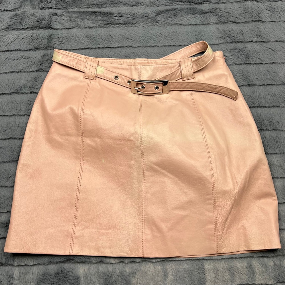 Wilsons Leather Maxima Pink Belted Mini Skirt Genuine Leather Size 6 Blush